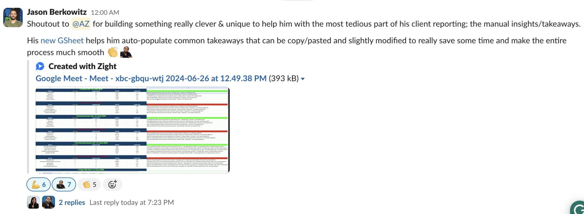 Slack message from Jason Berkowitz thanking Alizaib Hassan for building an automated Google Sheet that auto-populates client reporting takeaways